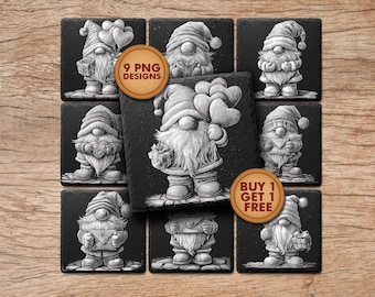 May include: A collection of black square coasters featuring detailed grayscale illustrations of gnomes. Each gnome is depicted with a long beard and hat, some holding gifts or balloons. The image includes a "9 PNG Designs" and a "Buy 1 Get 1 Free" sticker.