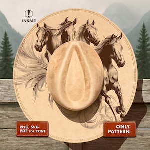 May include: A tan cowboy hat featuring a detailed illustration of four running horses. The hat has a light brown crown and a wide brim. The image includes the text "PNG, SVG, PDF FOR PRINT" and "ONLY PATTERN".