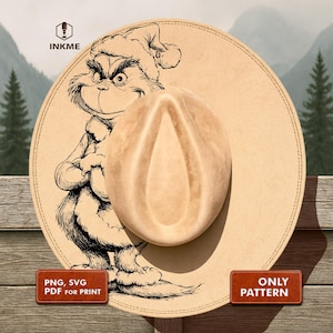 May include: A tan cowboy hat featuring a black and white illustration of a Grinch-like character. The hat has a rounded crown and a wide brim. The image includes the text "PNG, SVG PDF FOR PRINT" and "ONLY PATTERN".