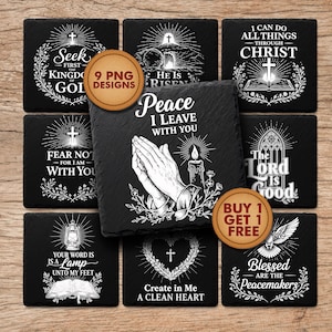 May include: A collection of black square coasters with white religious text and imagery, including crosses, praying hands, and doves. The coasters feature phrases like "Peace I leave with you" and "Blessed are the Peacemakers".