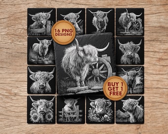May include: A collection of 16 PNG designs featuring detailed black and white illustrations of Highland cattle. The images are displayed on square black backgrounds, with a central image of a Highland cow with a cart wheel. A "Buy 1 Get 1 Free" sticker is visible.