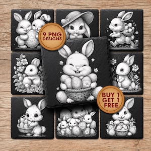 May include: Nine black square coasters with white bunny illustrations, each with a different design. One coaster features a bunny holding a basket of Easter eggs. Two round stickers read "9 PNG Designs" and "Buy 1 Get 1 Free".