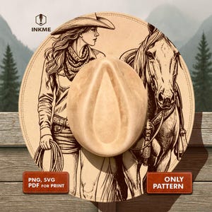 May include: A tan cowboy hat rests on a circular illustration of a cowgirl with a horse. The cowgirl is holding a rope. The image includes the text "PNG, SVG, PDF FOR PRINT" and "ONLY PATTERN".