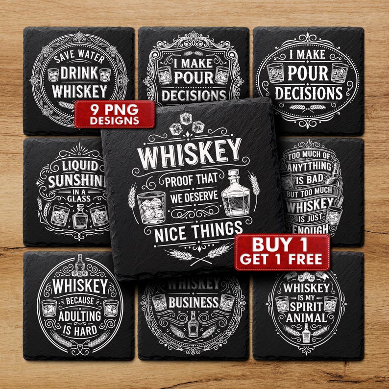 Whiskey engraving designs on 4x4 slate coasters png