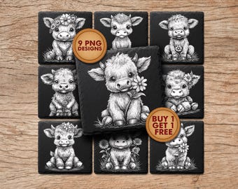 Highland Cow Laser Engraving Slate Coasters, Baby Cow Burned Png Templates, Commercial Use | #2006