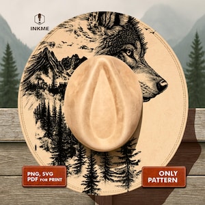 Wild Wolf Hat Burning Design, Western Laser Engraving Template Burned Hat, Forest Wide Brim Fedora Hats Svg Pdf Png Vector | #114