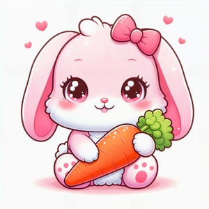 Adorable conejito sentado con lazo y zanahoria – Clipart PNG digital kawaii