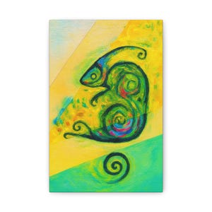 Peut inclure: Impression sur toile représentant une peinture abstraite d'un caméléon. L'œuvre utilise une palette vibrante de vert, de jaune et de bleu. Le caméléon est représenté dans une forme organique tourbillonnante, avec une spirale en bas.