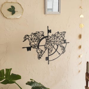 Décoration murale en métal, carte du monde, boussole - Décoration murale en métal moderne pour bureau, salon, cadeau inspiré des voyages