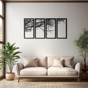 Branch 4 Panel Metal Wall Art, Nature-Inspired Tree Decor, Modern Wall Sculpture, Rustic Home & Living Room Wall Hanging