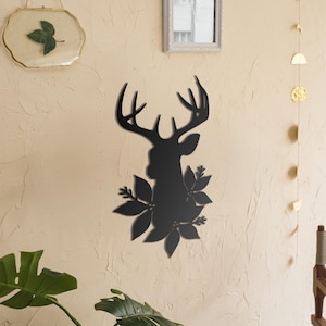 Deer Silhouette Metal Wall Art - Modern Rustic Forest Decor - Black Stainless Steel Animal Wall Sculpture
