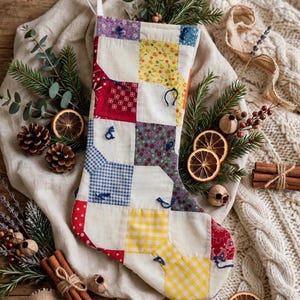 Quilted Christmas Stocking, Handmade Patchwork Stocking, Vintage Fabric Bowtie Quilt Stocking, One of a Kind Christmas Decor
