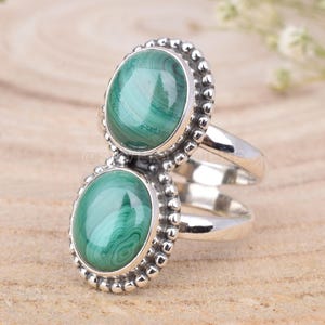 Malachite 925 Sterling Silver Oval Shape Green Gemstone Handmade Jewelry, Two Gemstone Boho Statement Ring for Women