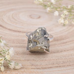 Raw Pyrite Ring • 925 Sterling Silver Handmade Jewelry • Natural Gemstone Prong Set Boho Ring for Women