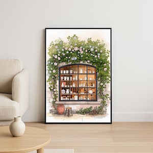 Rose Ivy Pottery Studio Window Watercolor Poster, Ceramic Shop Storefront, Digital Download