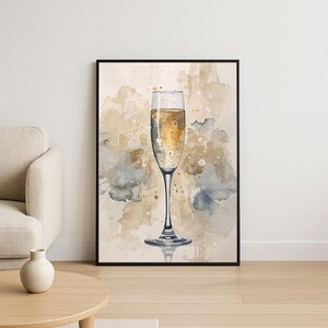 Abstract Champagne Glass Watercolor Poster, Golden Bubbles Celebration Art, Neutral Modern Wall Decor, Digital Download
