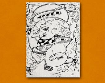 May include: Black and white line drawing of a cartoon character with a large head, a beak, and a checkered scarf. The character is surrounded by other abstract shapes and designs.