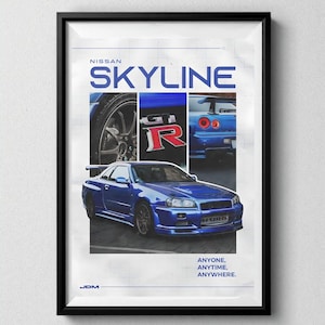 May include: Framed print of a blue Nissan Skyline car. The print includes the text "SKYLINE" and "GT-R", along with the words "ANYONE, ANYTIME, ANYWHERE." The image is set against a grid background.
