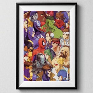 May include: A colorful illustration featuring a group of comic book and video game characters, including Spider-Man, Wolverine, Hulk, Ryu, and Mega Man. The characters are arranged in a chaotic and dynamic composition, with their faces and bodies overlapping.