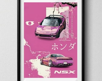 Honda NSX JDM Poster – Retro Japanese Car Wall Art in Pink | Sakura Drift Aesthetic Print for Garage, Man Cave, or Office Decor