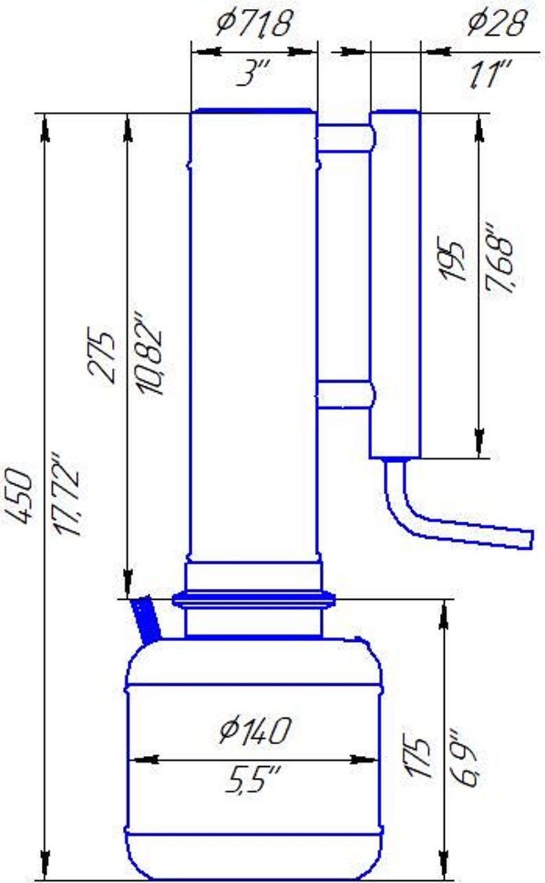 Pu&ograve; includere: Un disegno tecnico di un apparato di distillazione, con dimensioni in pollici e centimetri. L'altezza totale &egrave; di 45 cm, con un diametro di base di 14 cm. Il disegno include misure dettagliate.
