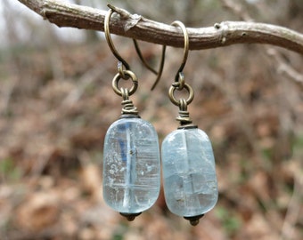 Blue Kyanite Dangle Earrings, simple rustic dainty blue kyanite crystal earrings with antiqued brass