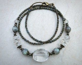 Labradorite and Quartz Necklace, clear tumbled quartz pebble and blue gray labradorite rustic Bohemian style jewelry