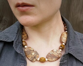 Chunky Brown Jasper Necklace, picture jasper bead statement necklace in neutral desert colors