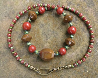 Rustic Jasper Necklace, chunky jasper and seed bead statement jewelry in tan, red-orange, turquoise green