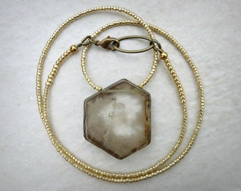 Quartz Crystal Slice Necklace, rustic clear quartz hexagon pendant with gold seed bead chain, modern Bohemian jewelry