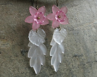 Pink Flower Earrings, pink and white spring daffodil dangle earrings, seasonal statement jewelry