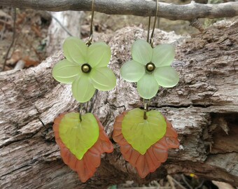 Flower Statement Earrings, green and brown flower dangle earrings, floral jewelry for elf or fairy cosplay costume