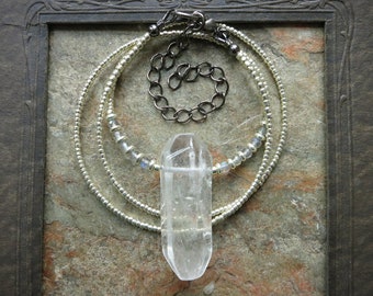 Tumbled Quartz Crystal Necklace, earthy smooth clear crystal pendant with labradorite and silver seed bead chain, minimalist jewelry