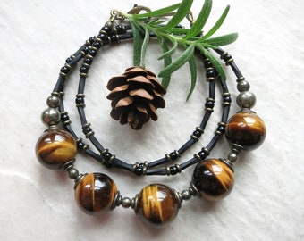 Tiger's Eye Bead Necklace, golden brown and black beaded necklace with shimmering natural stones
