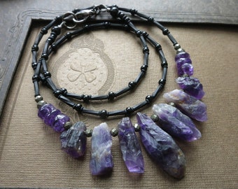 Rough Amethyst Crystal Necklace, rustic raw February birthstone jewelry in purple and black