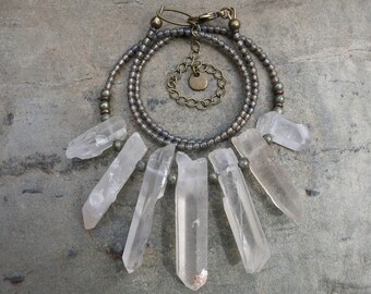 Chunky Quartz Crystal Necklace, primitive tribal rough raw quartz crystal necklace