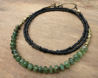 Rustic Green Emerald Necklace, dainty genuine emerald May birthstone jewelry, beaded gemstone necklace in green gold and black