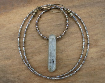 Blue Kyanite Crystal Necklace, dainty sky blue and silver rustic minimalist beaded pendant