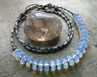 Dainty Opal Glass Necklace, subtle periwinkle milk glass look beaded necklace