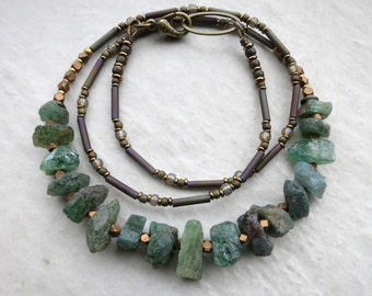 Rough Apatite Necklace, rustic blue green teal raw stone crystal Bohemian or tribal beaded jewelry with gold brass