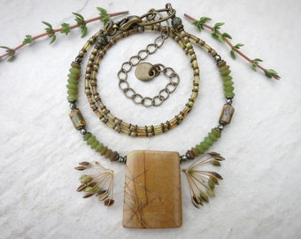 Earthy Jasper Pendant Necklace, rustic sandy brown and apple green Red Creek jasper beaded jewelry