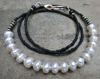 Black & White Pearl Necklace, everyday freshwater pearl bead necklace with black and silver accents