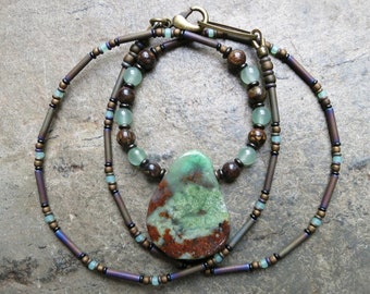 Earthy Chrysoprase Pendant Necklace, rustic brown and mint green stone pendant beaded necklace