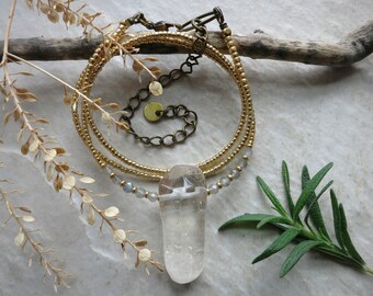 Smooth Quartz Crystal Necklace, tumbled clear crystal pendant with labradorite and gold seed bead chain, minimalist jewelry