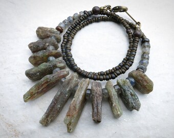 Rough Green Kyanite Necklace, tribal raw kyanite crystal and labradorite beaded necklace