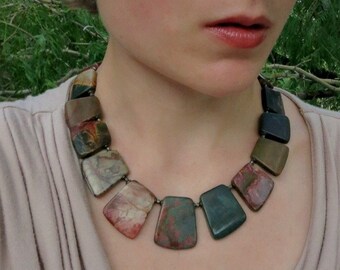 Tribal Collar Statement Necklace, bold, chunky Picasso jasper choker, Boho statement jewelry