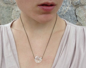 Glass Crystal Chain Necklace, rustic yet elegant faceted glass crystal sphere necklace on dainty antiqued brass chain