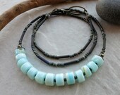 Faux Peruvian Opal Necklace, rustic light blue everyday necklace with pale blue stone beads, Bohemian jewelry