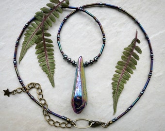 Titanium Quartz Crystal Necklace with iridescent beaded chain, large rough rainbow aura quartz, modern Bohemian jewelry