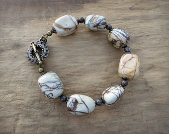 Chunky White Jasper Bracelet, rustic Bohemian Picasso jasper stone pebble statement bracelet in brown and white